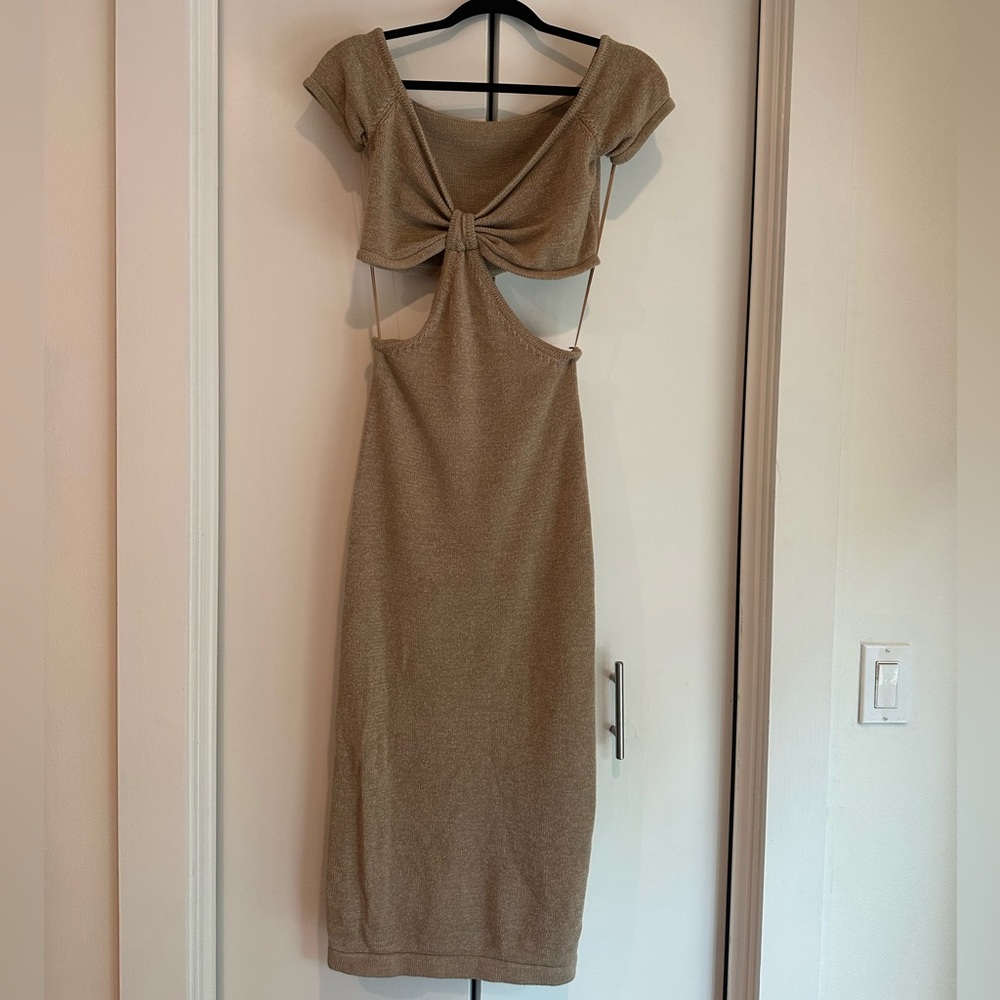 Tan Bodycon Midi Dress with Cut Out and Tie Front